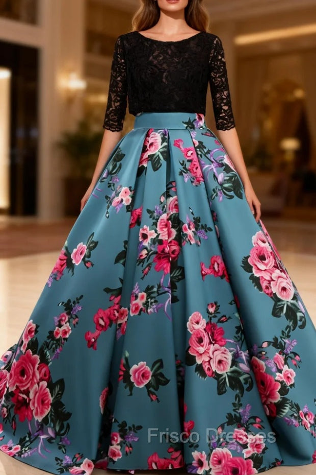 Black Lace Three Quarters Sleeve Print Backless Party Dress Main image