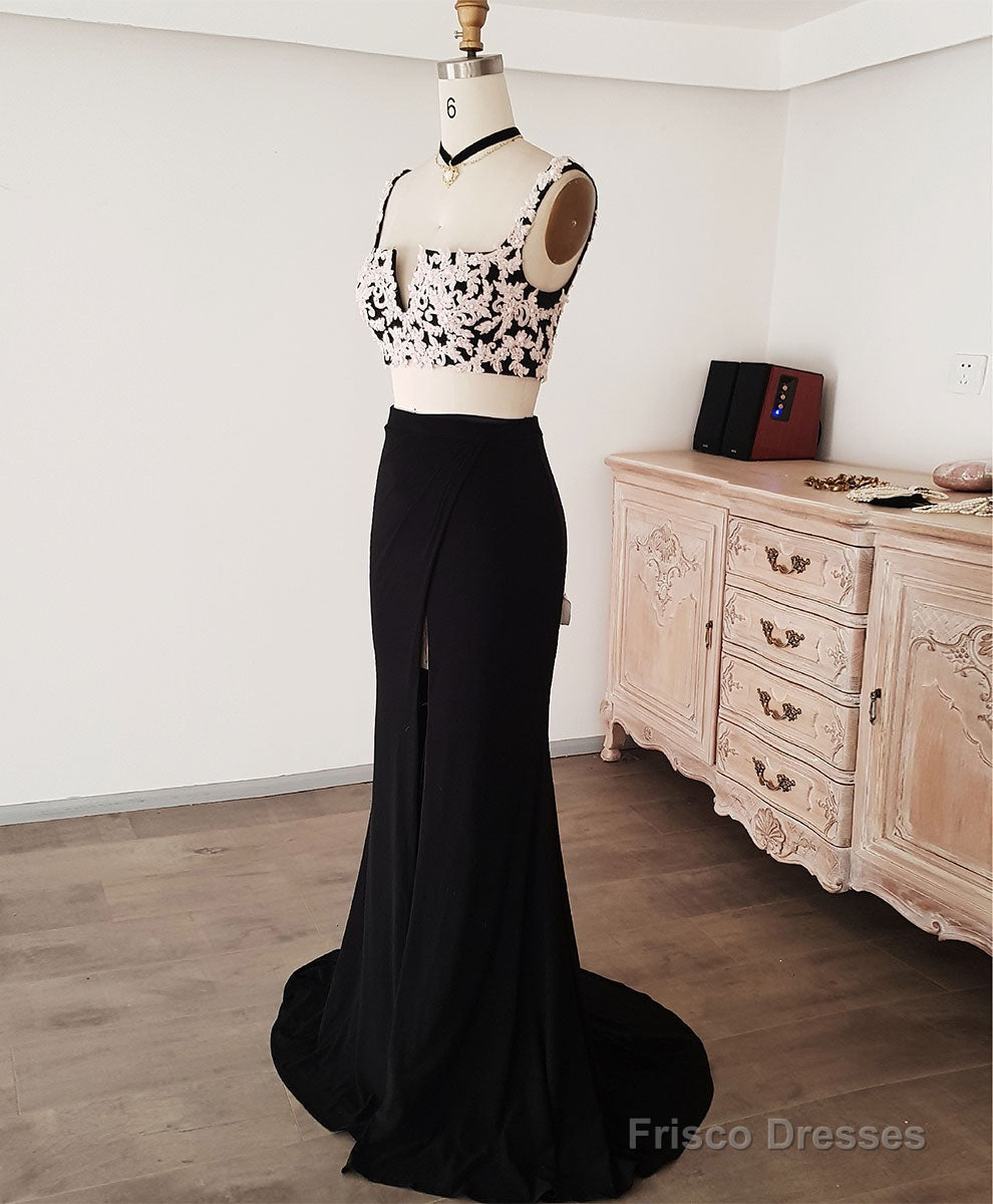 Black Lace Two Pieces Long Prom Dress, Black Evening Dress with Lace Beading