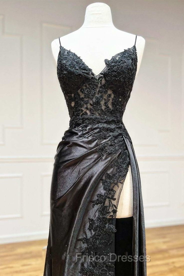 Black Lace V-Neck Long Prom Dress with Slit Birthday Outfits