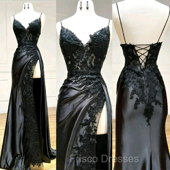Black Lace V-Neck Long Prom Dress with Slit Birthday Outfits