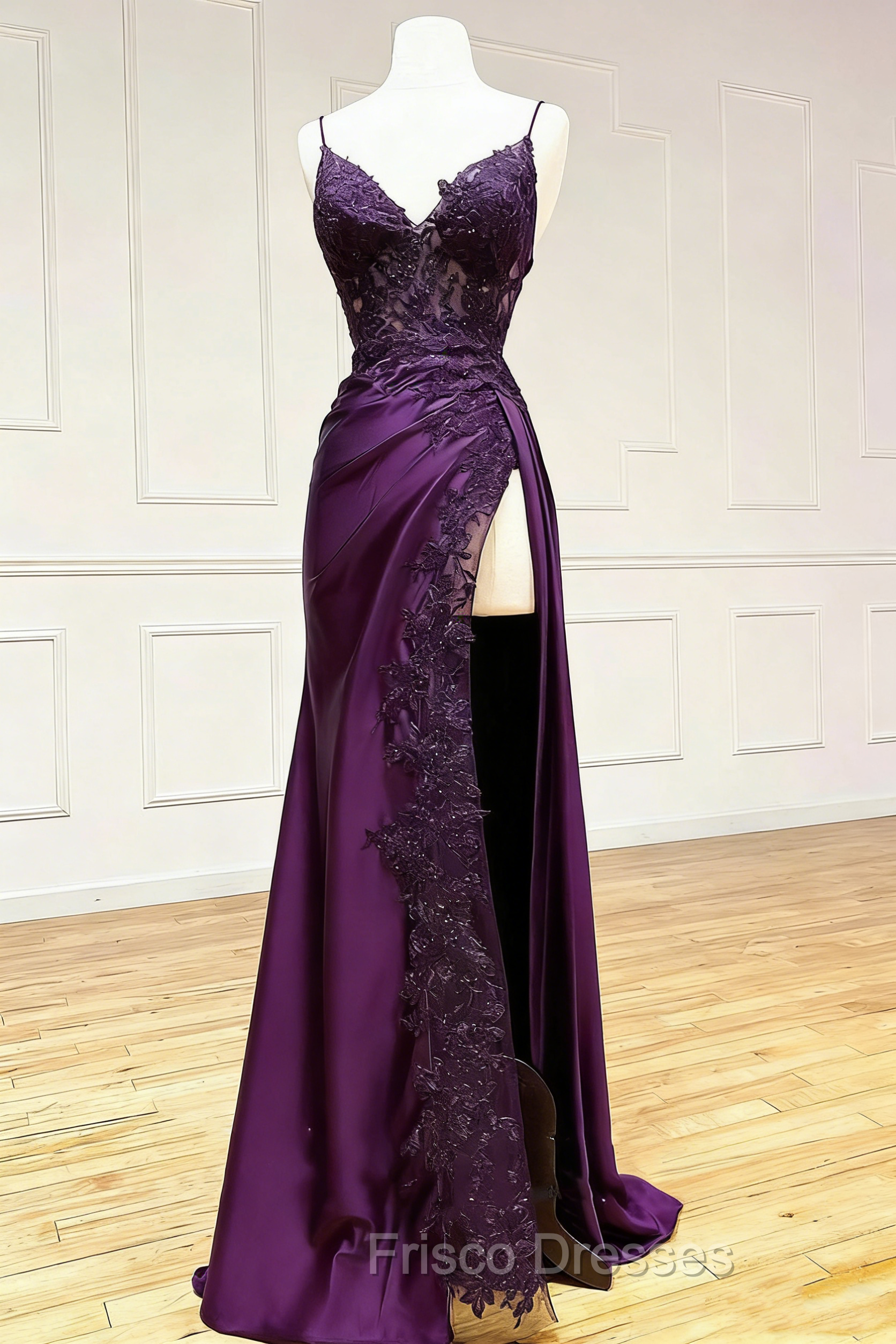 black and purple lace prom dress Black Lace Appliqued Plum Plunging Neckline Prom Dress