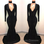 Black Lace V-Neck Formal Prom Party Gowns| Mermaid Long-Sleeve Evening Gowns