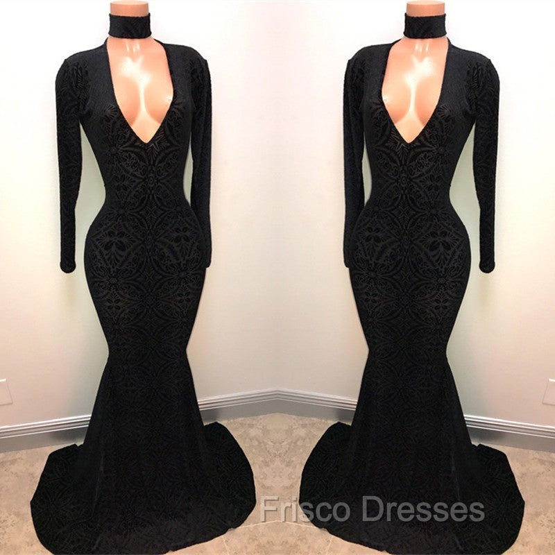 Black Lace V-Neck Formal Prom Party Gowns| Mermaid Long-Sleeve Evening Gowns