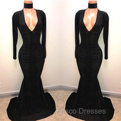 Black Lace V-Neck Formal Prom Party Gowns| Mermaid Long-Sleeve Evening Gowns