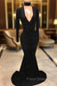 Black Lace V-Neck Formal Prom Party Gowns| Mermaid Long-Sleeve Evening Gowns