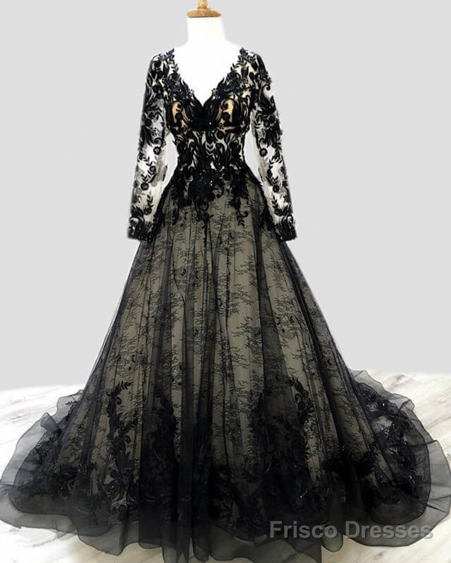 Black Lace V Neck Wedding Dress Long Sleeve Main image