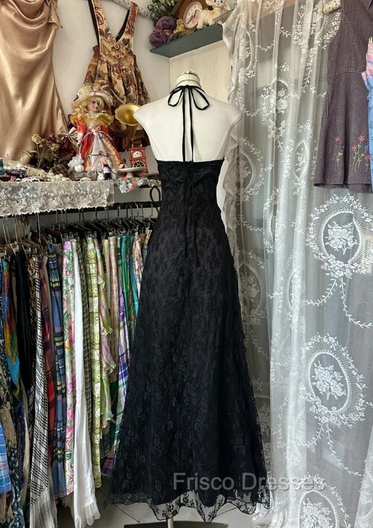 Black Lace V-Neckline A-Line Halter Party Dress, Black Vintage Style Formal Prom Dress Secondary image
