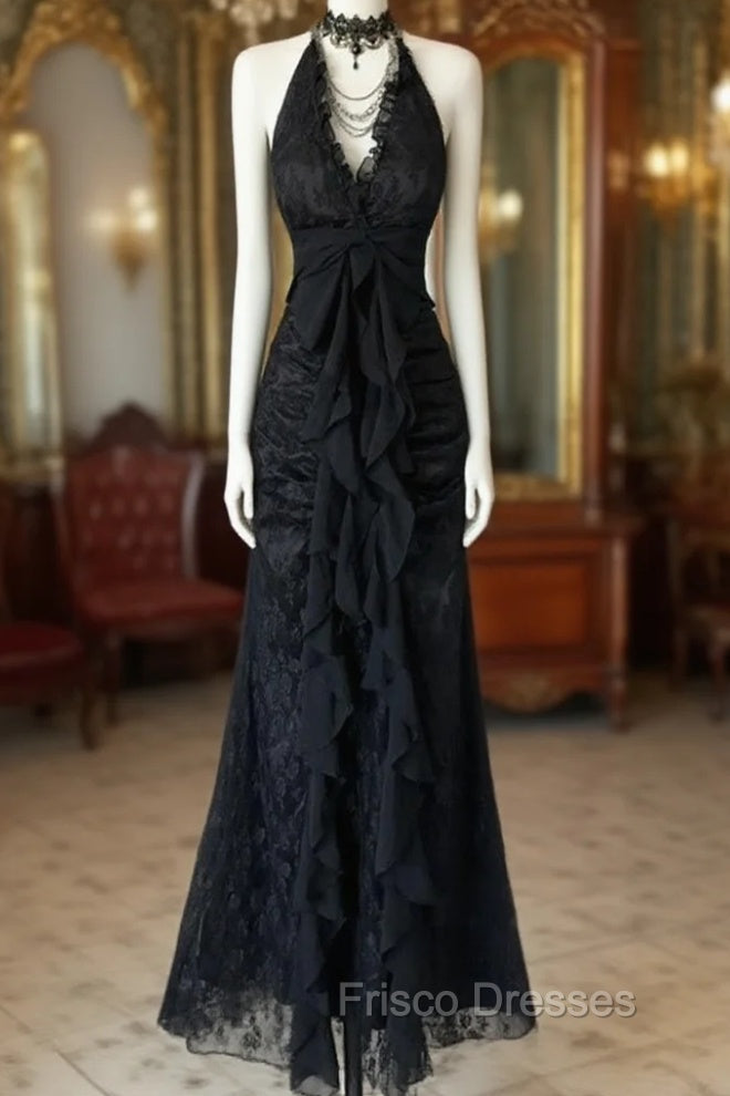 Black Lace V-Neckline A-Line Halter Party Dress, Black Vintage Style Formal Prom Dress Main image