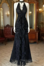 Black Lace V-Neckline A-Line Halter Party Dress, Black Vintage Style Formal Prom Dress