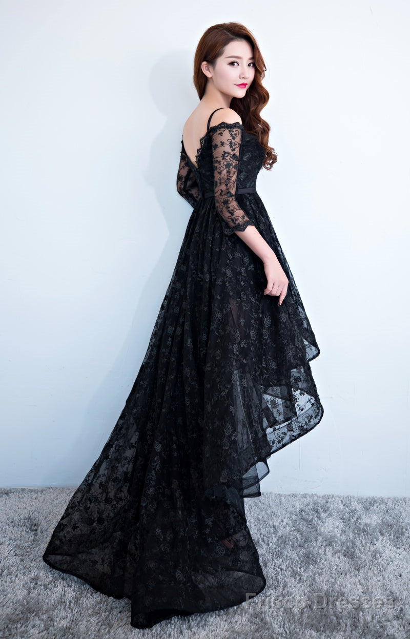 Black Lace V-Neckline Straps High Low Party Dress Homecoming Dress, Black Formal Dress