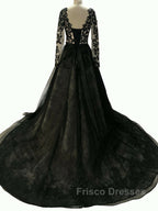 Black Long A-Line V Neck Lace Tulle Wedding Dress with Sleeves