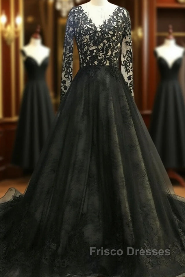 Black Long A-Line V Neck Lace Tulle Wedding Dress with Sleeves