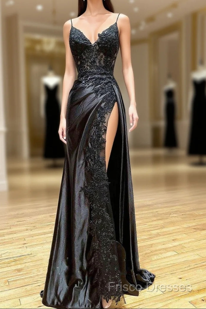 Black Long Appliques Formal Prom Dress With Spaghetti Straps