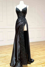 Black Long Appliques Prom Dress With Spaghetti Straps