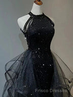 Black Long Mermaid Halter Sequined Tulle Formal Prom Dress