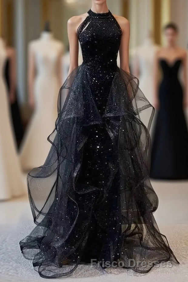 Black Long Mermaid Halter Sequined Tulle Formal Prom Dress