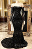 Black Long Mermaid Off the shoulder Formal Prom Dress with Sleeves