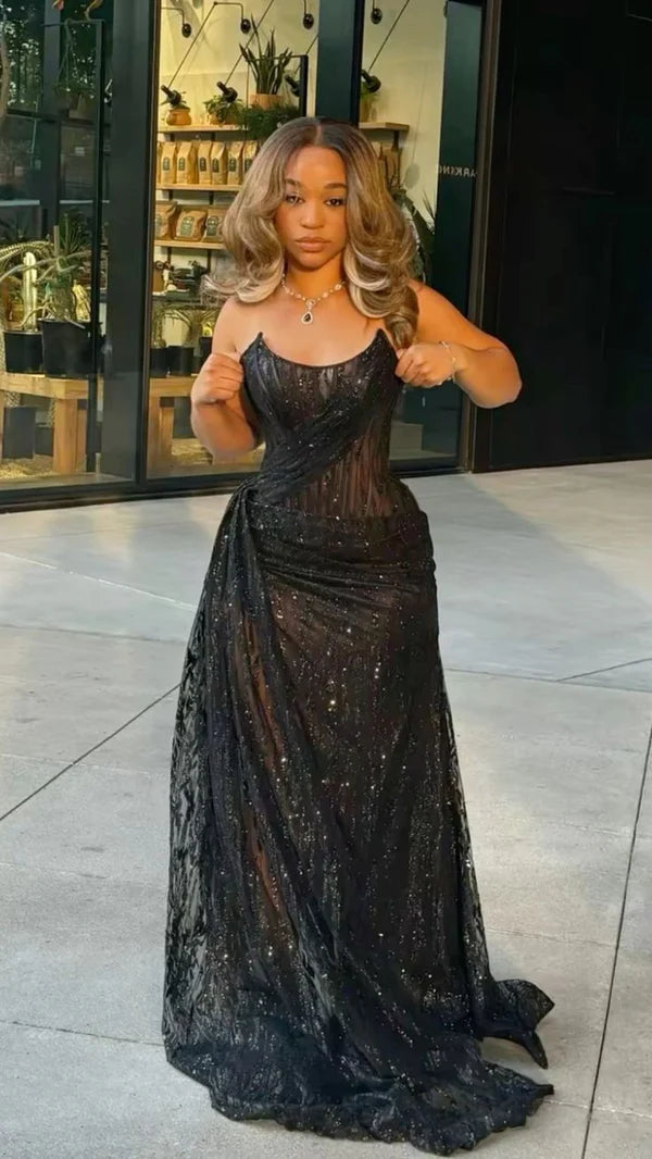 Black Long Prom Dress With Slit ,Strapless Evening Dress