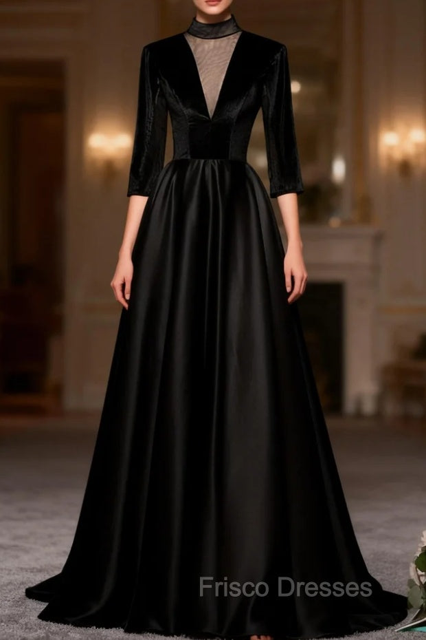 Black Long Sleeve Satin High Neck Formal Prom Dress