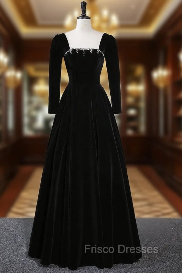 Black Long Sleeve Velvet Crystal Formal Prom Dress Main image
