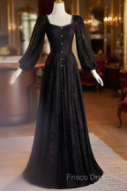 Black Long Sleeves Lace A-Line Party Dress, Black Lace Wedding Party Dress