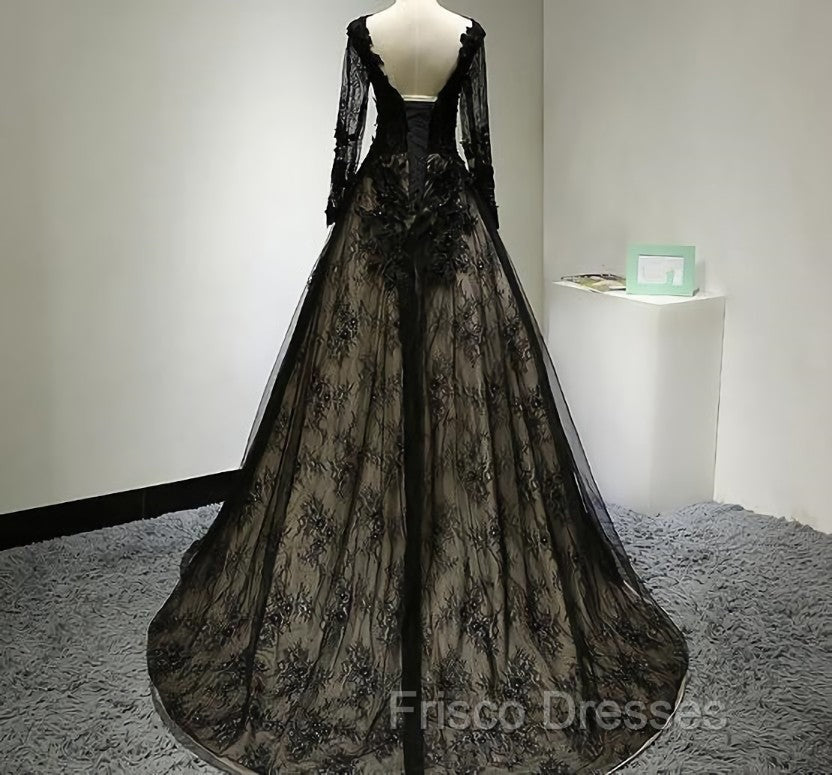 Black Long Sleeves Lace Formal Prom Dress, Black Evening Gown