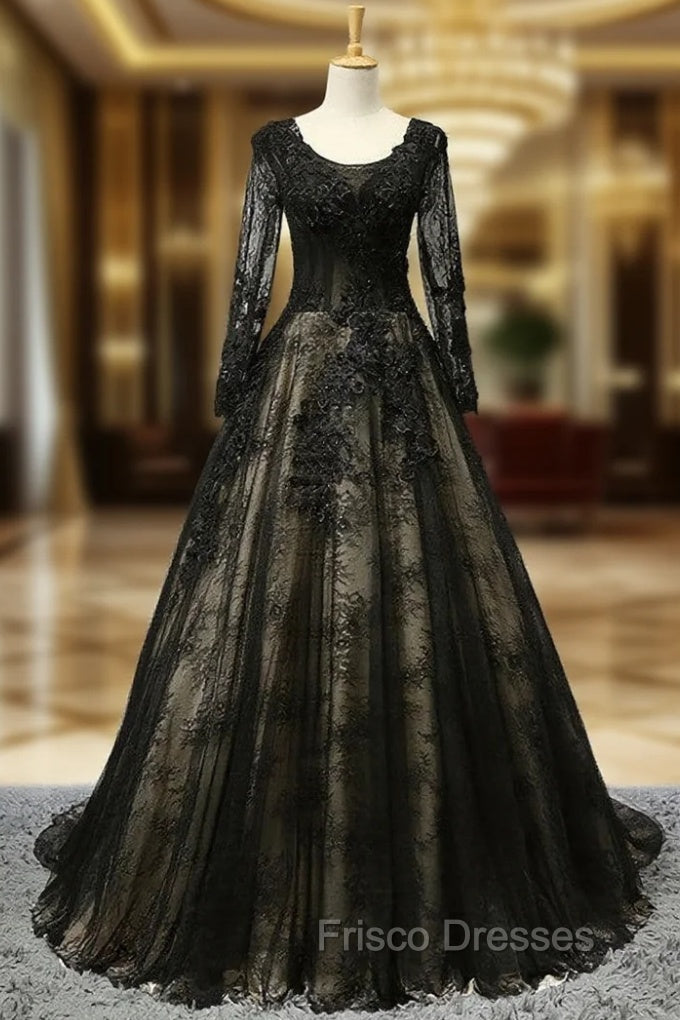 Black Long Sleeves Lace Formal Prom Dress, Black Evening Gown Main image