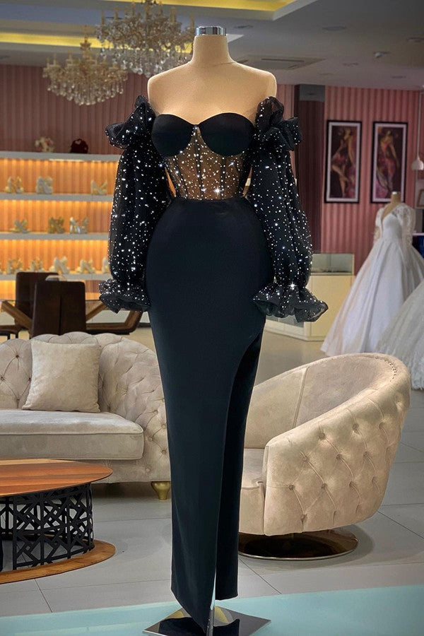 Black Long Sleeves Prom Dress Sheath Sweetheart With Beads Main image