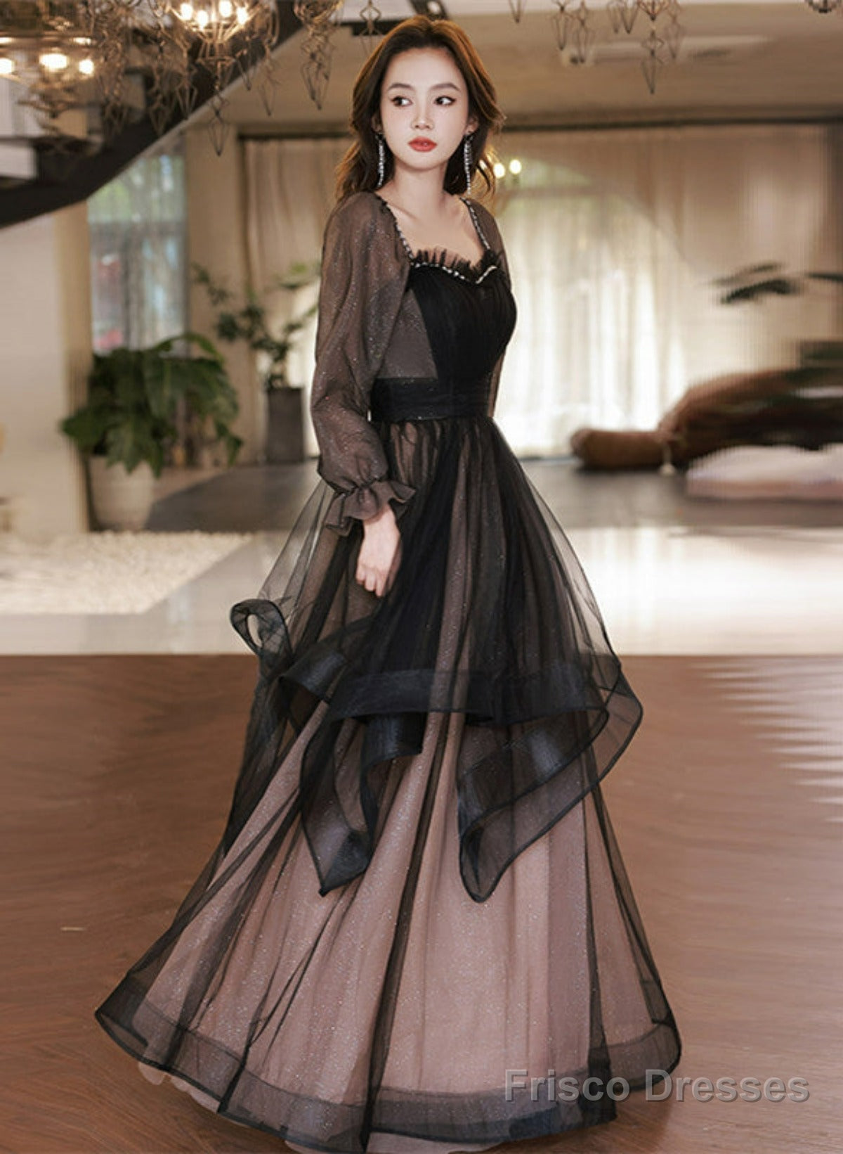 Black Long Sleeves Tulle Sweetheart Party Dress, A-Line Black Evening Dress Prom Dress Main image