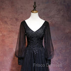 Black Long Sleeves V-neckline Evening Dress, Black Formal Prom Dress