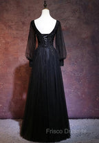 Black Long Sleeves V-neckline Evening Dress, Black Formal Prom Dress
