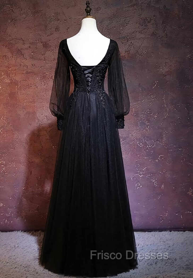 Black Long Sleeves V-neckline Evening Dress, Black Formal Prom Dress