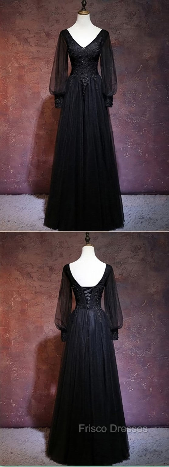 Black Long Sleeves V-neckline Evening Dress, Black Formal Prom Dress Secondary image