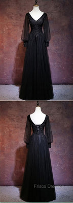 Black Long Sleeves V-neckline Evening Dress, Black Formal Prom Dress