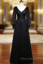 Black Long Sleeves V-neckline Evening Dress, Black Formal Prom Dress