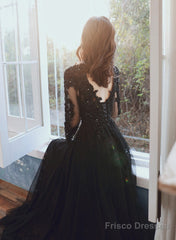 Black Long Sleeves V-Neckline Tulle With Lace Party Dress, Black Evening Party Dress