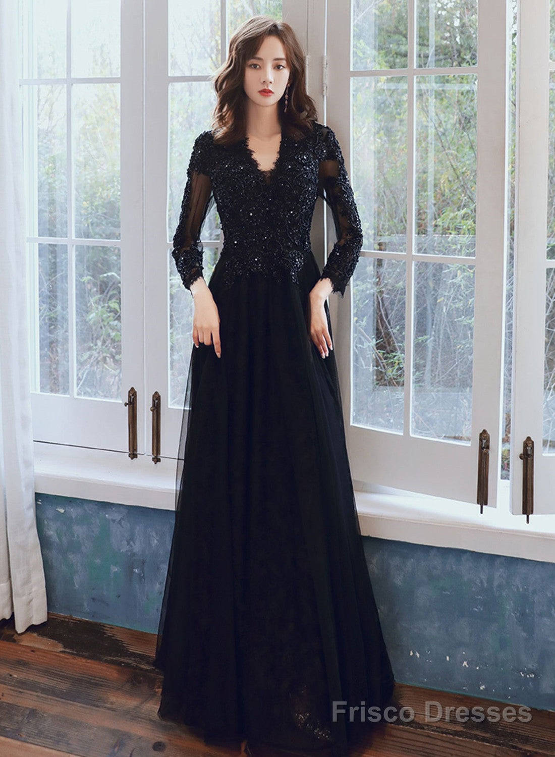 Black Long Sleeves V-Neckline Tulle With Lace Party Dress, Black Evening Party Dress Main image