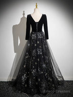 Black Long Sleeves Velet And Tulle Party Dress, Black Sweetheart Prom Dress