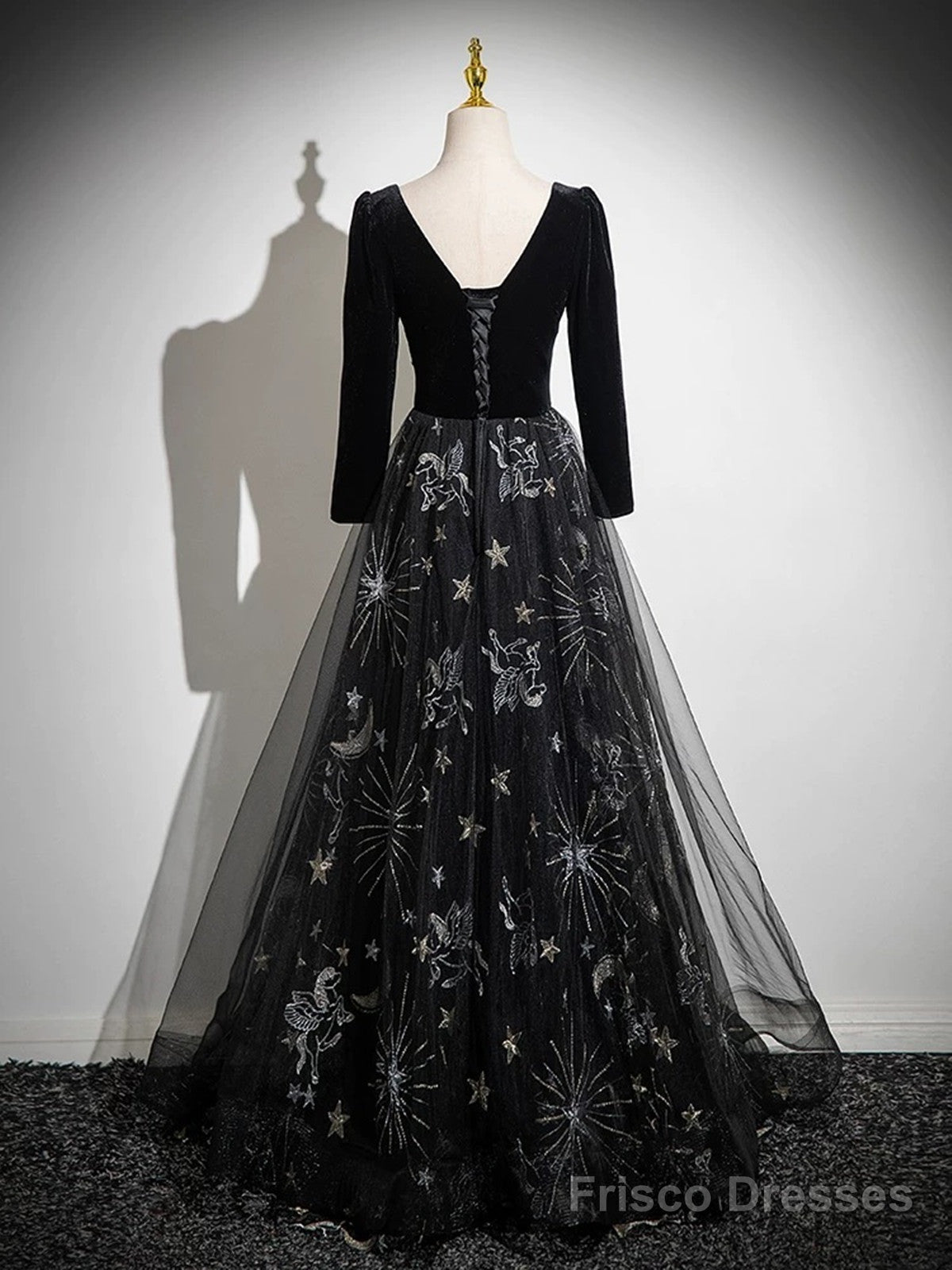 Black Long Sleeves Velet And Tulle Party Dress, Black Sweetheart Prom Dress