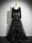 Black Long Sleeves Velet And Tulle Party Dress, Black Sweetheart Prom Dress