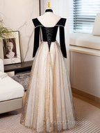 Black Long Sleeves Velvet ane Tulle Long Party Derss, Black Off Shoulder Formal Prom Dress