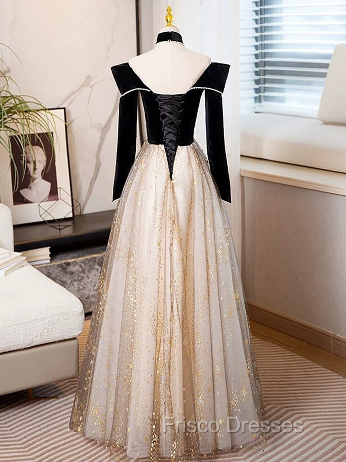 Black Long Sleeves Velvet ane Tulle Long Party Derss, Black Off Shoulder Formal Prom Dress