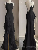 Black Mermaid Beach Wedding Dress With Ruffles, Spaghetti Straps Backless Formal Prom Gown
