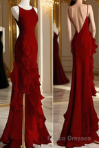 Black Mermaid Beach Wedding Dress With Ruffles, Spaghetti Straps Backless Formal Prom Gown