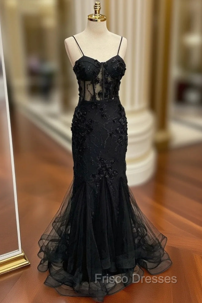 Black Mermaid Lace Long Formal Prom Dress, Black Lace Evening Dress Main image