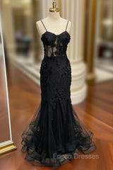 Black Mermaid Lace Long Formal Prom Dress, Black Lace Evening Dress
