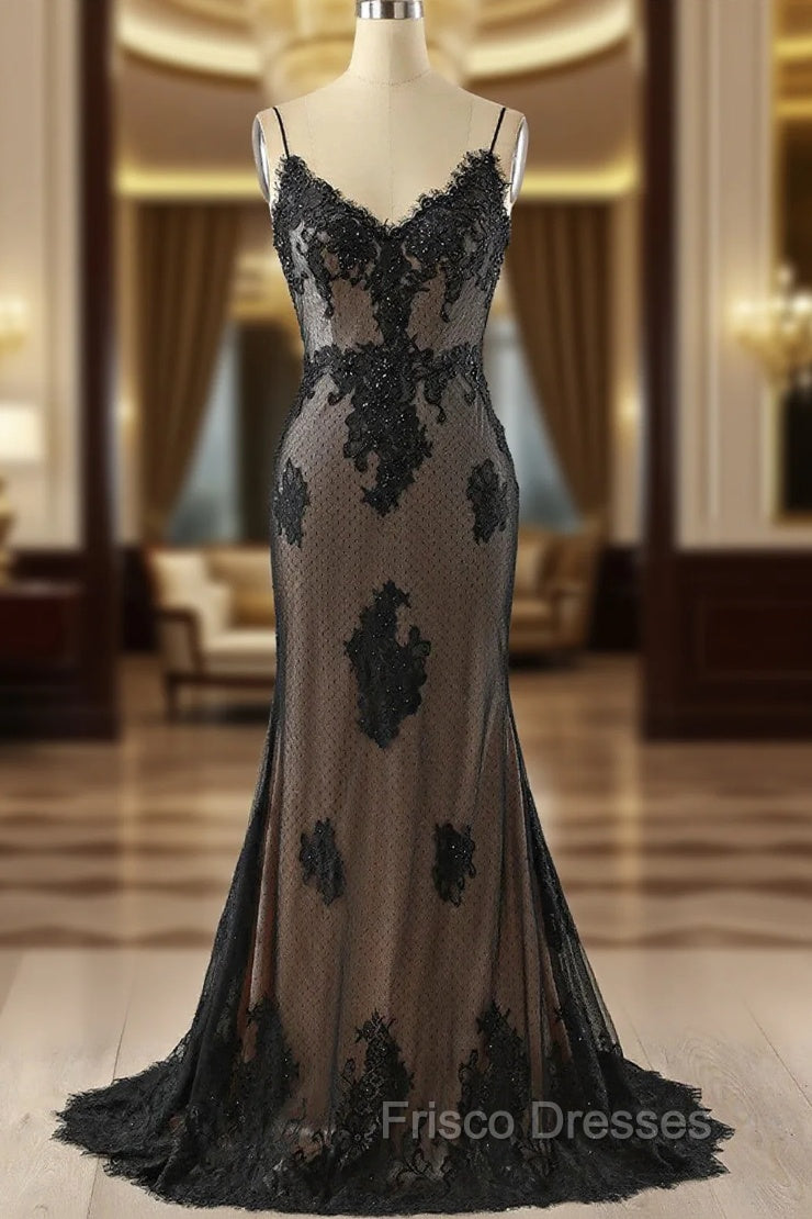 Black Mermaid Lace Straps Evening Dress Party Dress, Black Long Formal Prom Dress