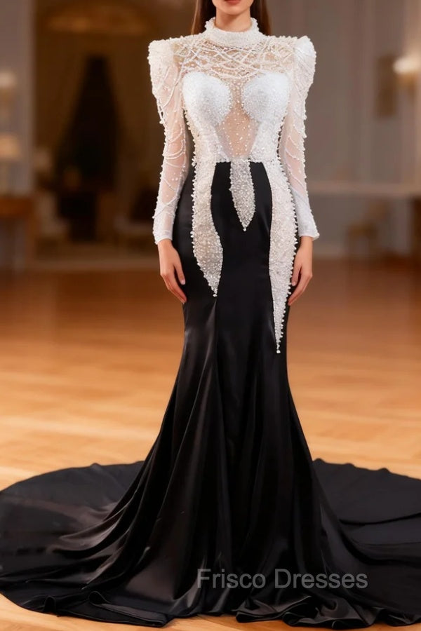 Black Mermaid Long Sleeve Pearls Formal Prom Dress