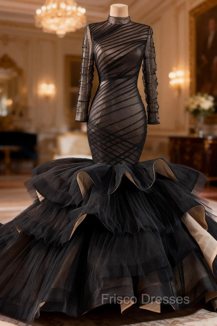 Black Mermaid Long Sleeve Pleats Formal Prom Dress