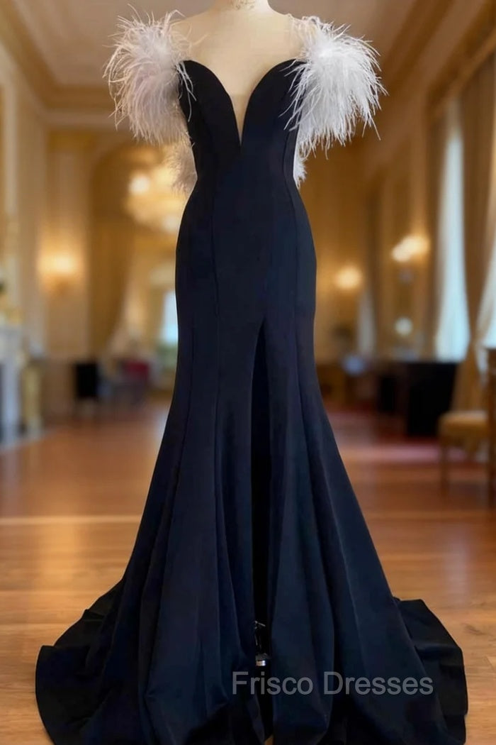 Black Mermaid Off the Shoulder Feather Formal Prom Dress